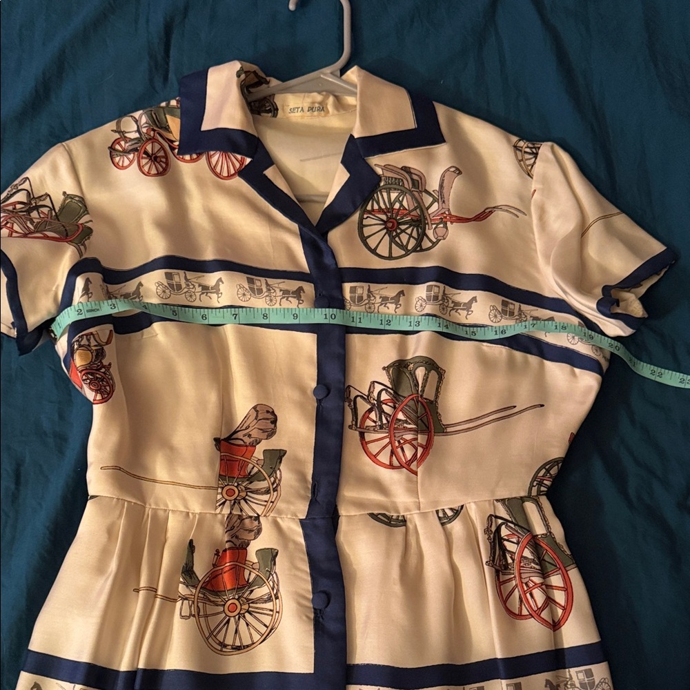 Charming Vintage SETA PURA DRESS Cream and with Carriage Print HERMES FLARE ❤️ - Picture 5 of 14
